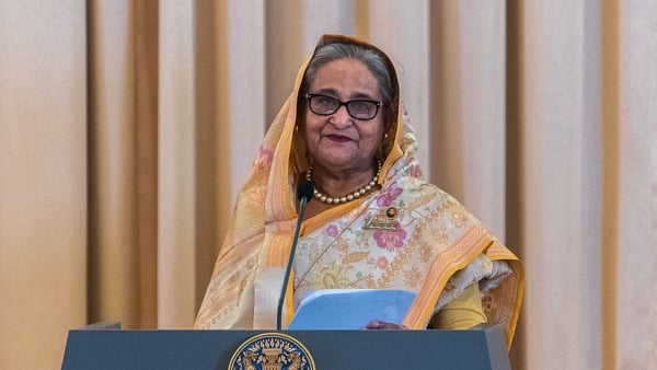 Sheikh Hasina speaks to the media during a press conference