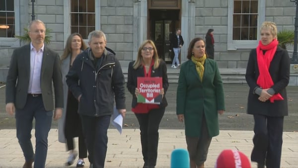 Opposition party leaders and Senator Frances Black, centre, spoke at Leinster House this morning