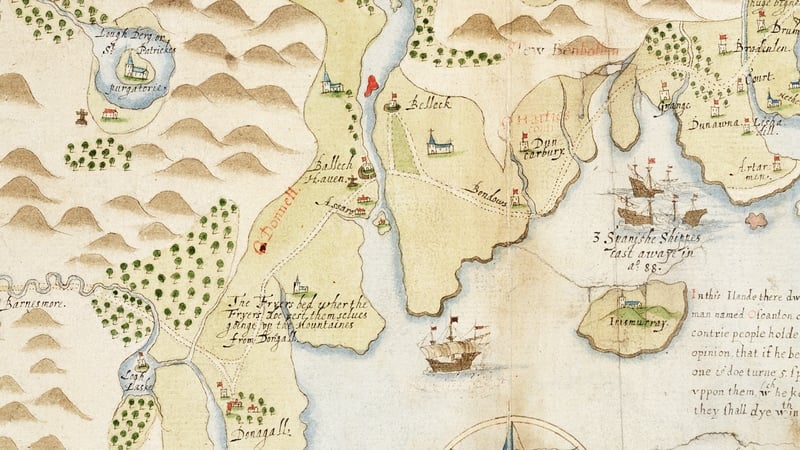 Early map of Ballyshannon by John Baxter, c. 1600. Image: National Maritime Museum, Greenwich. Reproduced from Irish Historic Towns Atlas no. 32, Ballyshannon//Béal Átha Seanaidh (RIA)