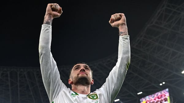 16 November 2025; Troy Parrott of Republic of Ireland celebrates after the FIFA World Cup 2026 Group F Qualifier match between Hungary and Republic of Ireland at Puskás Aréna in Budapest, Hungary. Photo by Stephen McCarthy/Sportsfile