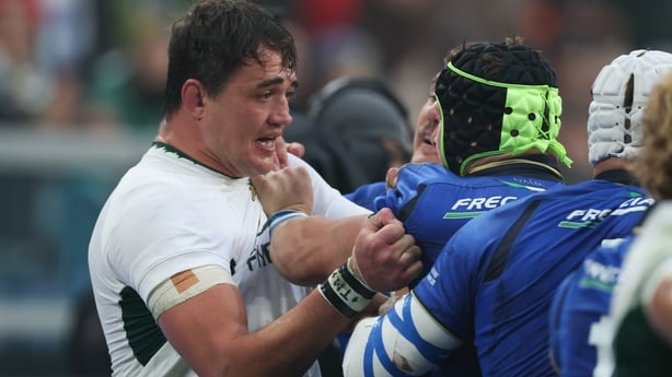 TURIN, ITALY - NOVEMBER 15: Franco Mostert (L) of South Africa has an altercation with Ross Vintcent of Italy during the Quilter Nations Series 2025 match between Italy and South Africa at Allianz Stadium on November 15, 2025 in Turin, Italy. (Photo by Timothy Rogers/Getty Images)