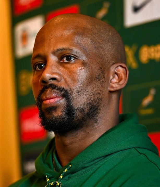 17 November 2025; Backline coach Mzwandile Stick during a South Africa media conference at the Radisson Blu St Helen's Hotel in Dublin. Photo by Tyler Miller/Sportsfile