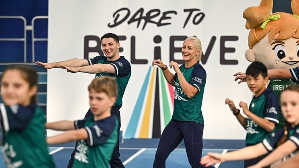 10 November 2025; Dare to Believe ambassadors Rhys McClenaghan and Sarah Lavin during a Dare to Believe Olympic Movement Breaks event at the Sport Ireland Institute on the National Sports Campus in Dublin. The Dare to Believe Schools Programme is sponsore