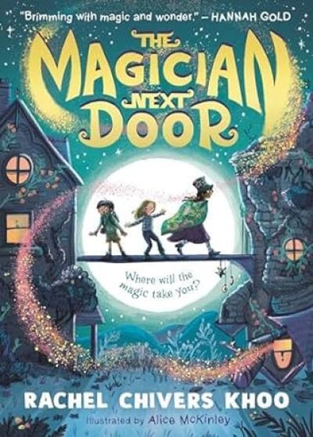Book cover with children playing in moonlight and text The Magician Next Door