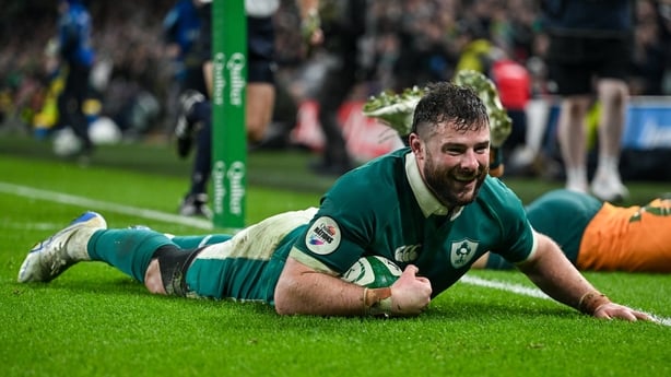 15 November 2025; Robbie Henshaw of Ireland scores his side's sixth try during the Quilter Nations Series 2025 match between Ireland and Australia at the Aviva Stadium in Dublin. Photo by David Fitzgerald/Sportsfile