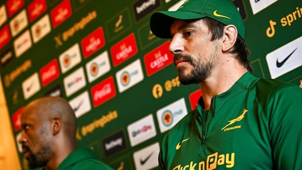 17 November 2025; Eben Etzebeth, right, and Backline coach Mzwandile Stick during a South Africa media conference at the Radisson Blu St Helen's Hotel in Dublin. Photo by Tyler Miller/Sportsfile