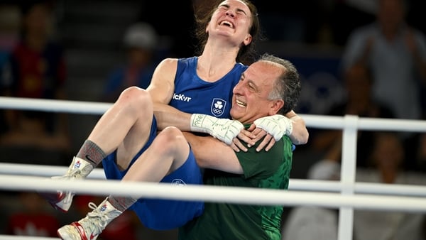 6 August 2024; Kellie Harrington of Team Ireland celebrates with head coach Zaur Antia after defeating Wenlu Yang of Team People's Republic of China in their women's 60kg final bout at Court Philippe-Chatrier in Roland Garros Stadium during the 2024 Paris