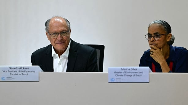 Brazil's Vice President and Minister of Industry and Trade Geraldo Alckmin and Brazil's Environment Minister Marina Silva at a press conference