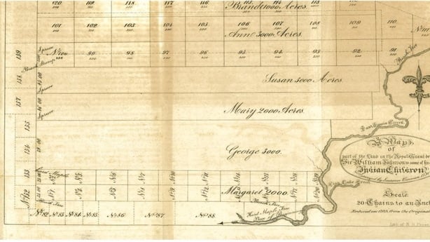 19th century map outlining land in the Mohawk Valley bequeathed by Sir William Johnson to his children with Molly Bran