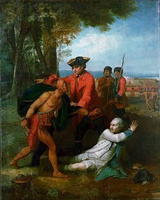Benjamin West, General Johnson saving a wounded French officer from the tomahawk of a North American Indian (1764-8). 