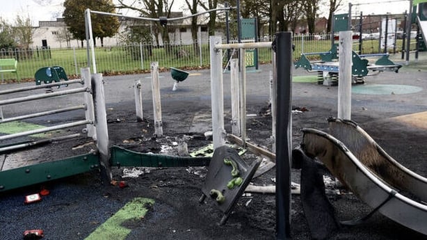Picture shows a playground damaged following a fire