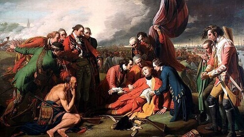 The Death of General Wolfe by Benjamin West (1770). The pointing figure in the green ranger jacket to the left of the painting has been identified as Sir William Johnson. Image: National Gellery of Canada, Ottawa
