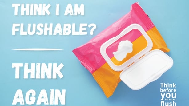 A picture of a packet of wet wipes with the text Think I am flushable - Think again