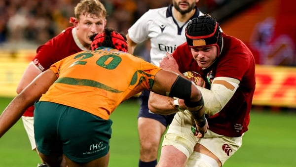 26 July 2025; James Ryan of British & Irish Lions is tackled by Carlo Tizzano of Australia during the second test match between Australia and the British & Irish Lions at the Melbourne Cricket Ground in Melbourne, Australia. Photo by Steve Christo/Sportsf