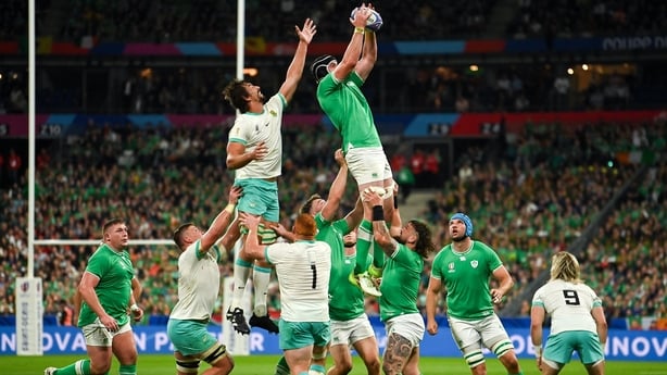 23 September 2023; James Ryan of Ireland wins possession ahead of Eben Etzebeth of South Africa during the 2023 Rugby World Cup Pool B match between South Africa and Ireland at Stade de France in Paris, France. Photo by Brendan Moran/Sportsfile