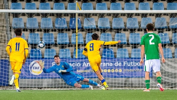 Gerard Sola scres his second, and Andorra's fourth goal, against Ireland in the European Championship Under-21 qualifier