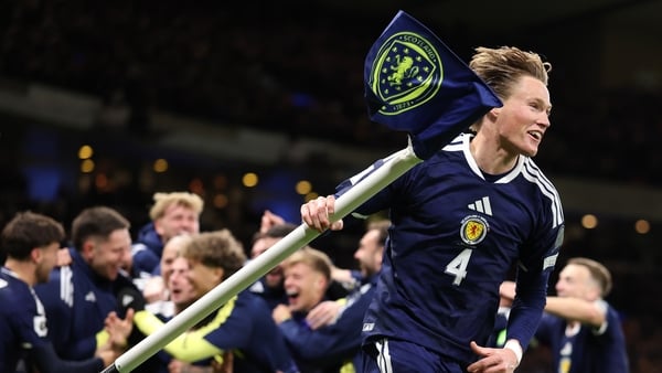 Scott McTominay celebrates Scotland's fourth goal against Denmark