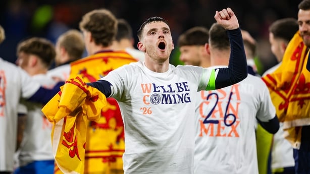 GLASGOW, SCOTLAND - NOVEMBER 18: Scotland's Andy Robertson celebrates at full time during a FIFA World Cup 2026 Qualifier between Scotland and Denmark at Hampden Park, on November 18, 2025, in Glasgow, Scotland. (Photo by Ross Parker/SNS Group via Getty Images)