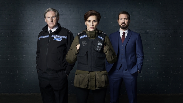 L-R: Adrian Dunbar as Ted Hastings, Vicky McClure as Kate Fleming, and Martin Compston as Steve Arnott in BBC drama Line of Duty