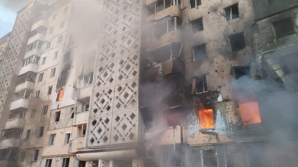A view of a high-rise apartment building after it has been targeted in a Russian attack on the city of Ternopil, Ukraine 