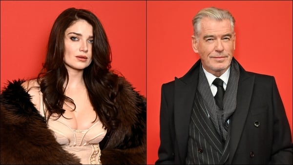 A collage of Irish actors Eve Hewson and Pierce Brosnan, posing against a red backaground at the GQ Men of the Year Awards 2025
