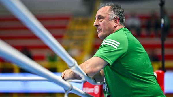 Lombardy , Italy - 11 March 2024; Ireland coach Zaur Antia during the bout between Grainne Walsh of Ireland and Aneta Rygielska of Poland during the Women's 66kg Quarterfinals bout during day nine at the Paris 2024 Olympic Boxing Qualification Tournament