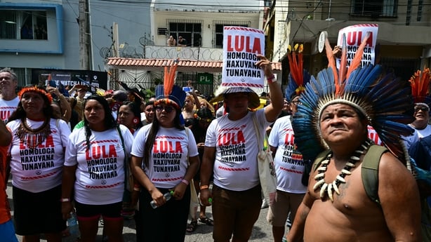 Indigenous people protest outside the COP30 climate summit in Brazil