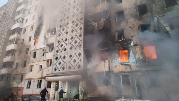 TERNOPIL, UKRAINE - NOVEMBER 19: (----EDITORIAL USE ONLY - MANDATORY CREDIT - 'UKRAINE STATE EMERGENCY SERVICE / HANDOUT' - NO MARKETING NO ADVERTISING CAMPAIGNS - DISTRIBUTED AS A SERVICE TO CLIENTS----) A view of a high-rise apartment building after it