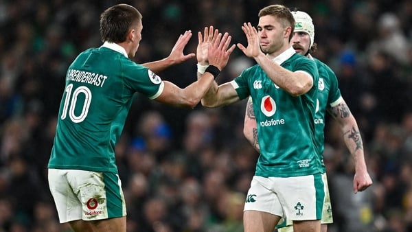 15 November 2025; Sam Prendergast of Ireland, left, is replaced by team-mate Jack Crowley in a second half substitution during the Quilter Nations Series 2025 match between Ireland and Australia at the Aviva Stadium in Dublin. Photo by Seb Daly/Sportsfile