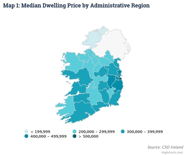 A chart shows the breakdown of price ranges based off of area in Ireland