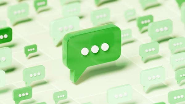Conceptual illustration in green tones, featuring a central, prominent speech bubble, surrounded by a matrix of smaller, semi-transparent speech bubbles.