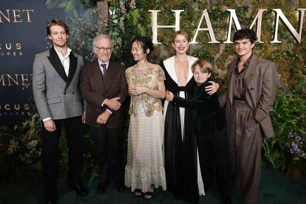 LOS ANGELES, CALIFORNIA - NOVEMBER 18: (L-R) Joe Alwyn, producer Steven Spielberg, writer/director Chloé Zhao, Jessie Buckley, Jacobi Jupe and Noah Jupe seen at Focus Features' "Hamnet" Los Angeles Premiere at Academy Museum of Motion Pictures on November 18, 2025 in Los Angeles, California. (Photo 