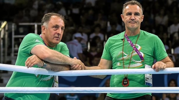 24 June 2015; Team Ireland coaches Zaur Antia, left, Billy Walsh await the judges decision after Michael O'Reilly, Ireland, took on Aljaz Venko, Slovenia, during their Men's Boxing Middle 75kg Quarter Final bout. 2015 European Games, Crystal Hall, Baku, Azerbaijan. Picture credit: Stephen McCarthy /