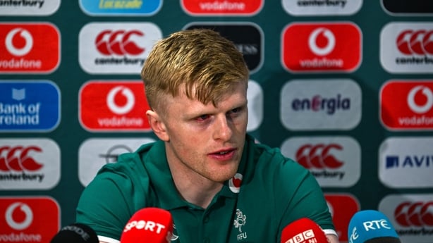 18 November 2025; Tommy O'Brien during a Ireland Rugby media conference at the IRFU High Performance Centre in Dublin. Photo by Ramsey Cardy/Sportsfile