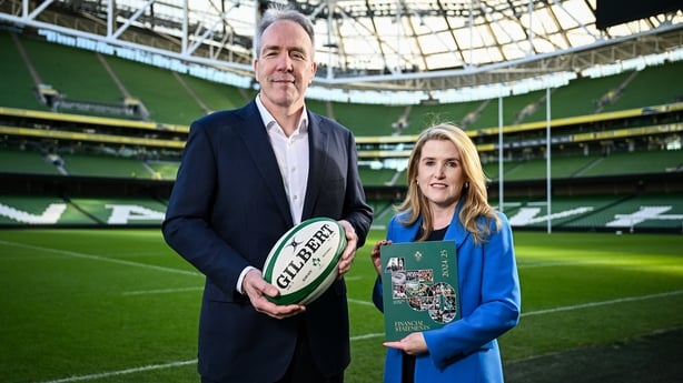 19 November 2025; IRFU chief executive officer Kevin Potts and IRFU chief financial officer Thelma O'Driscoll before an IRFU media conference at the Aviva Stadium in Dublin. Photo by Seb Daly/Sportsfile