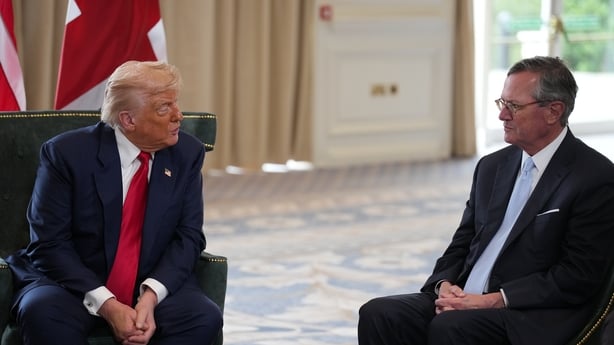 U.S. President Donald Trump talks to Warren Stephens, U.S. Ambassador to the United Kingdom during bilateral talks with British Prime Minister Keir Starmer at Trump Turnberry golf club on July 28, 2025 in Turnberry, Scotland. The pair are meeting at Turnberry before traveling together to Aberdeenshi