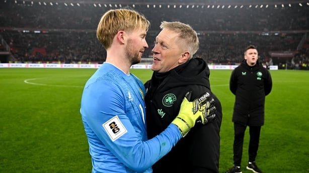 16 November 2025; Republic of Ireland goalkeeper Caoimhin Kelleher and head coach Heimir Hallgrimsson after the FIFA World Cup 2026 Group F Qualifier match between Hungary and Republic of Ireland at Puskás Aréna in Budapest, Hungary. Photo by Stephen McCarthy/Sportsfile