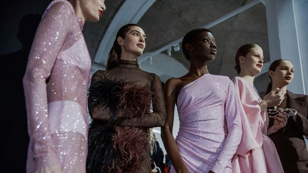 A collage of five models wearing occasion dresses in shades of pink and brown