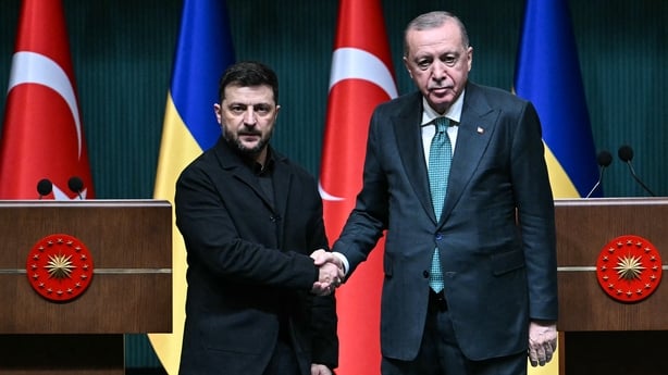 Turkey's President Recep Tayyip Erdogan (right) and Ukraine's President Volodymyr Zelensky shake hands