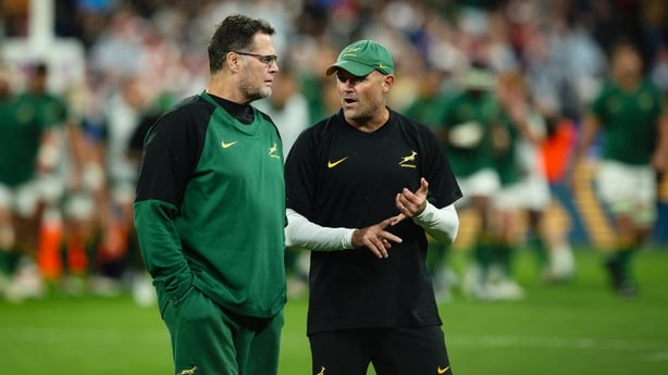 PARIS, FRANCE - OCTOBER 21: South Africa Director of Rugby Rassie Erasmus talks to South Africa Head Coach Jacques Nienaber during the pre match warm up ahead of the Rugby World Cup France 2023 match between England and South Africa at Stade de France on October 21, 2023 in Paris, France. (Photo by 