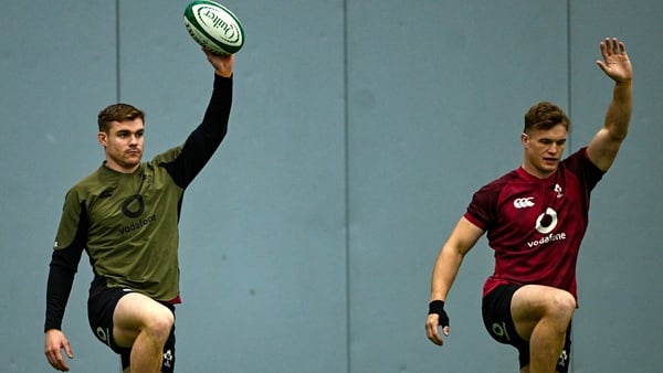18 November 2025; Garry Ringrose, left, and Josh van der Flier during Ireland Rugby squad training at the IRFU High Performance Centre in Dublin. Photo by Ramsey Cardy/Sportsfile