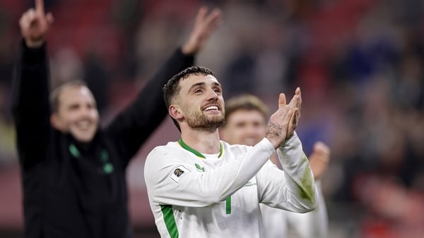 BUDAPEST, HUNGARY - NOVEMBER 16: Troy Parrot of Republic of Ireland celebrates qualification for the next phase of the 2026 World Cup during the World Cup Qualifier match between Hungary v Republic of Ireland at the Puskas Arena on November 16, 2025 in Bu