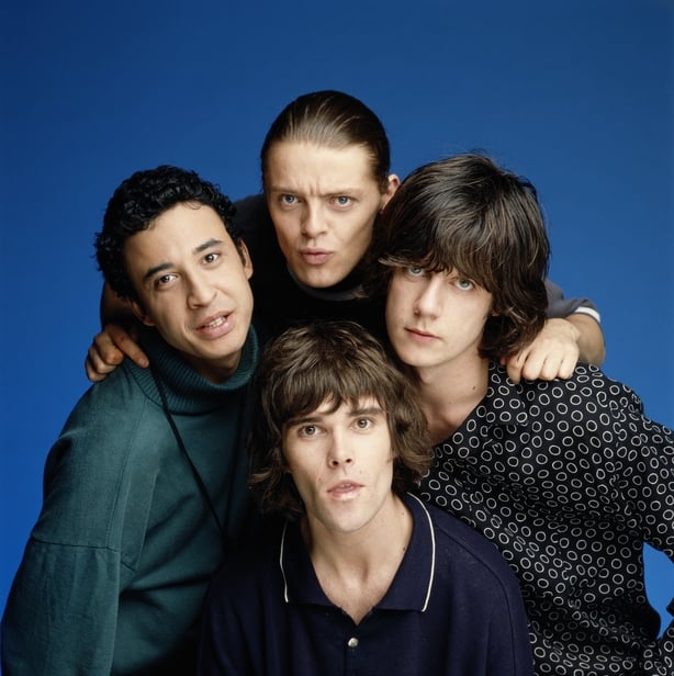 The Stone Roses pose in a London studio in July 1990 (L-R) Reni, Mani (top), Ian Brown (bottom), and John Squire