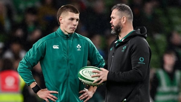15 November 2025; Ireland head coach Andy Farrell, right, with Sam Prendergast of Ireland before the Quilter Nations Series 2025 match between Ireland and Australia at the Aviva Stadium in Dublin. Photo by Ramsey Cardy/Sportsfile