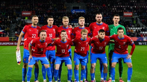 Czech Republic's players pose for a team photo prior to the FIFA World Cup 2026 European qualification Group L football match between Czech Republic and Gibraltar, in Olomouc on November 17, 2025. (Photo by Michal Cizek / AFP)