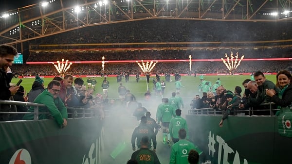 5 November 2022; Both teams walk out before the Bank of Ireland Nations Series match between Ireland and South Africa at the Aviva Stadium in Dublin. Photo by Ramsey Cardy/Sportsfile