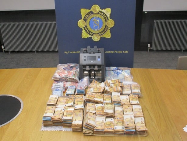 Money seized by gardaí on a table