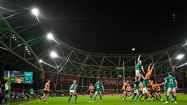 15 November 2025; A general view of a lineout during the Quilter Nations Series 2025 match between Ireland and Australia at the Aviva Stadium in Dublin. Photo by Ramsey Cardy/Sportsfile