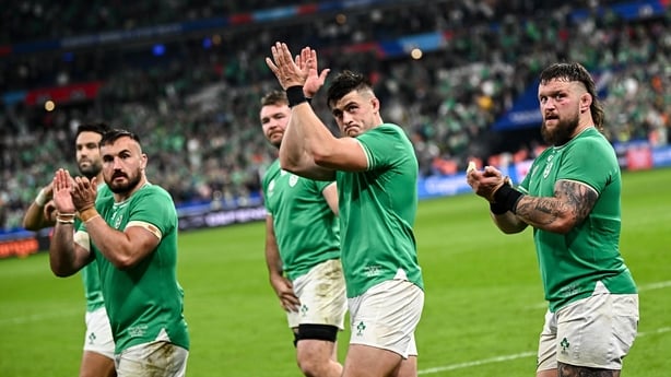 Paris , France - 23 September 2023; Ireland players, from right, to left, Andrew Porter, Dan Sheehan, Rónan Kelleher and Conor Murray after the 2023 Rugby World Cup Pool B match between South Africa and Ireland at Stade de France in Paris, France. (Photo By Ramsey Cardy/Sportsfile via Getty Images)