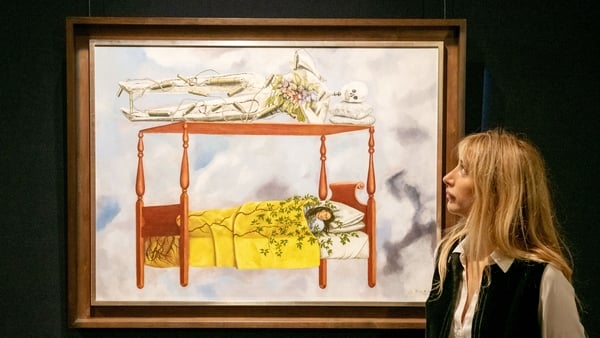 The painting El sueño (La cama) by Frida Kahlo on display